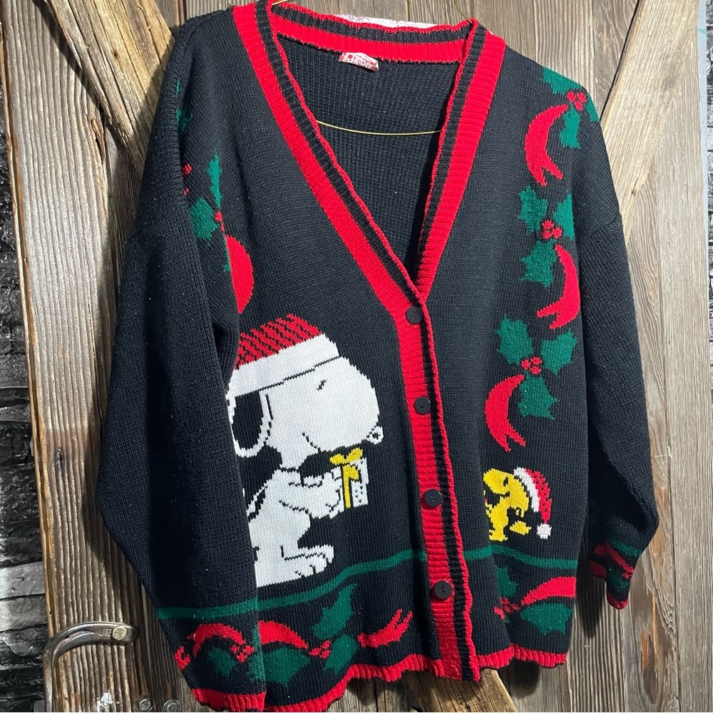 Festive Black and Red Cardigan with Snoopy Design